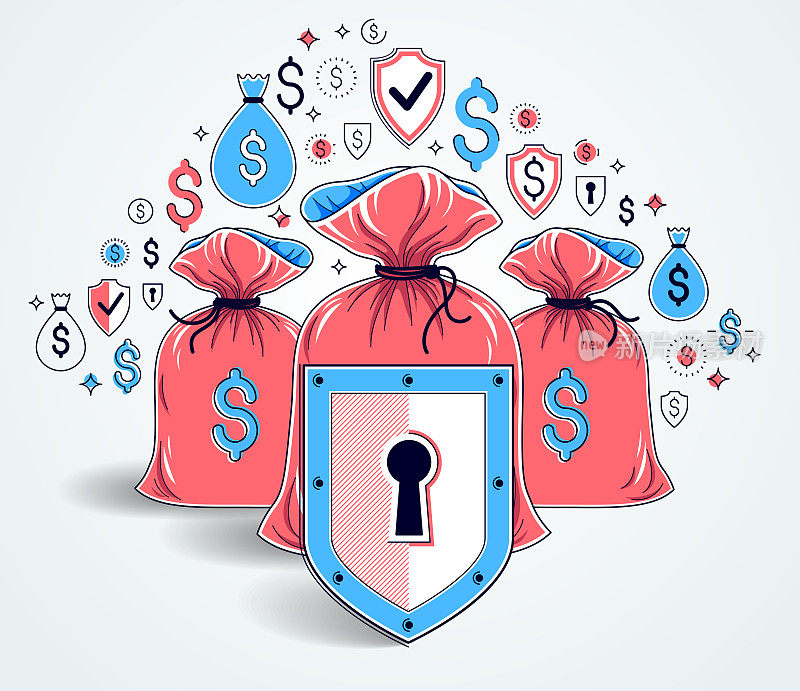 Shield over 3 money bags,  financial security concept, business and finance protection, investments credits and deposit banking idea, vector design.